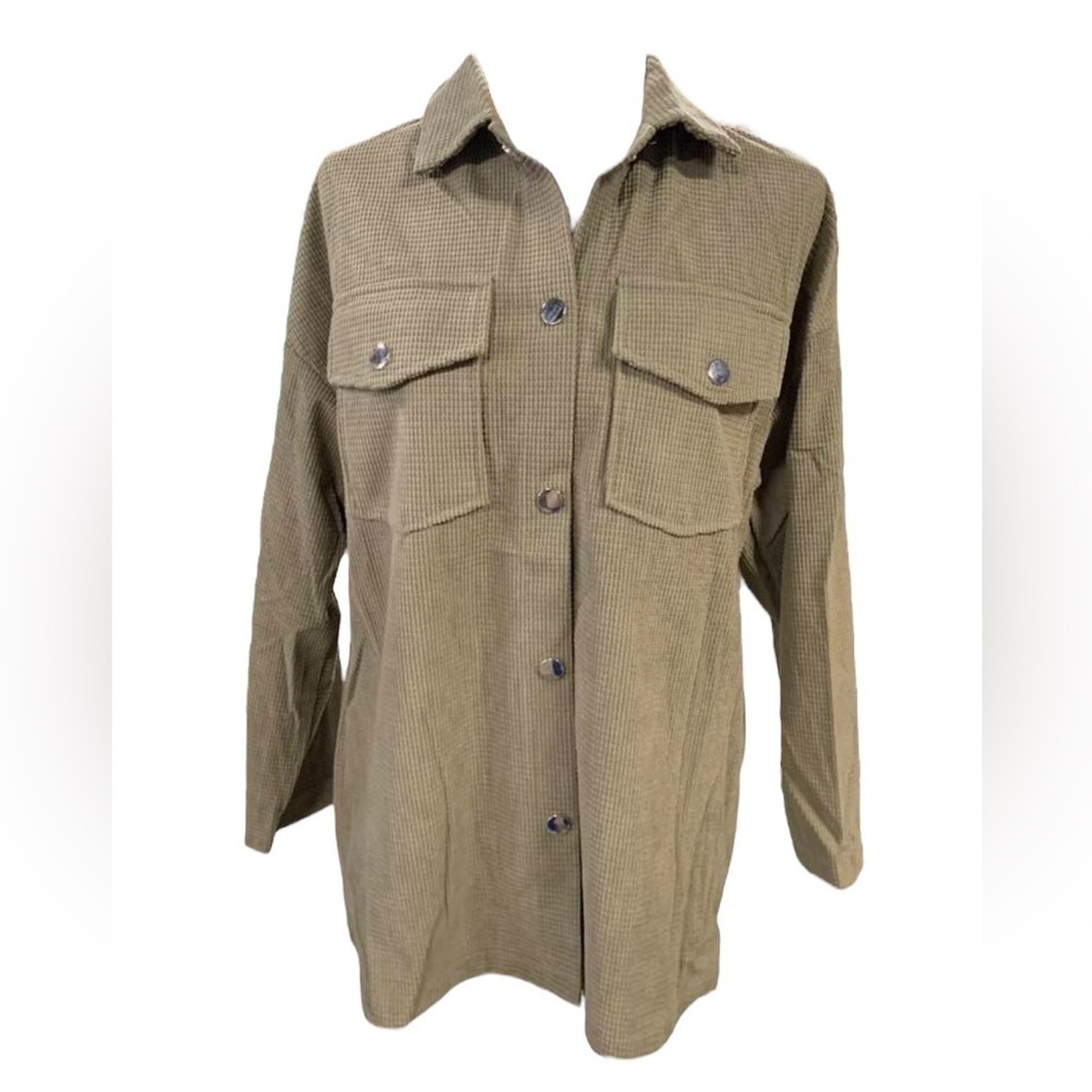 Women’s Waffle Shirt Style Lightweight Jacket Button Down Olive Green Medium